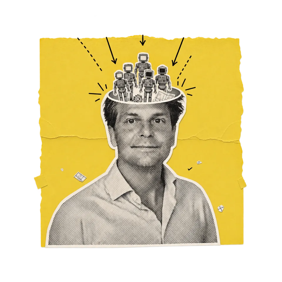 Eelco Wynia als collage, met een team kleine robots in zijn open hoofd.