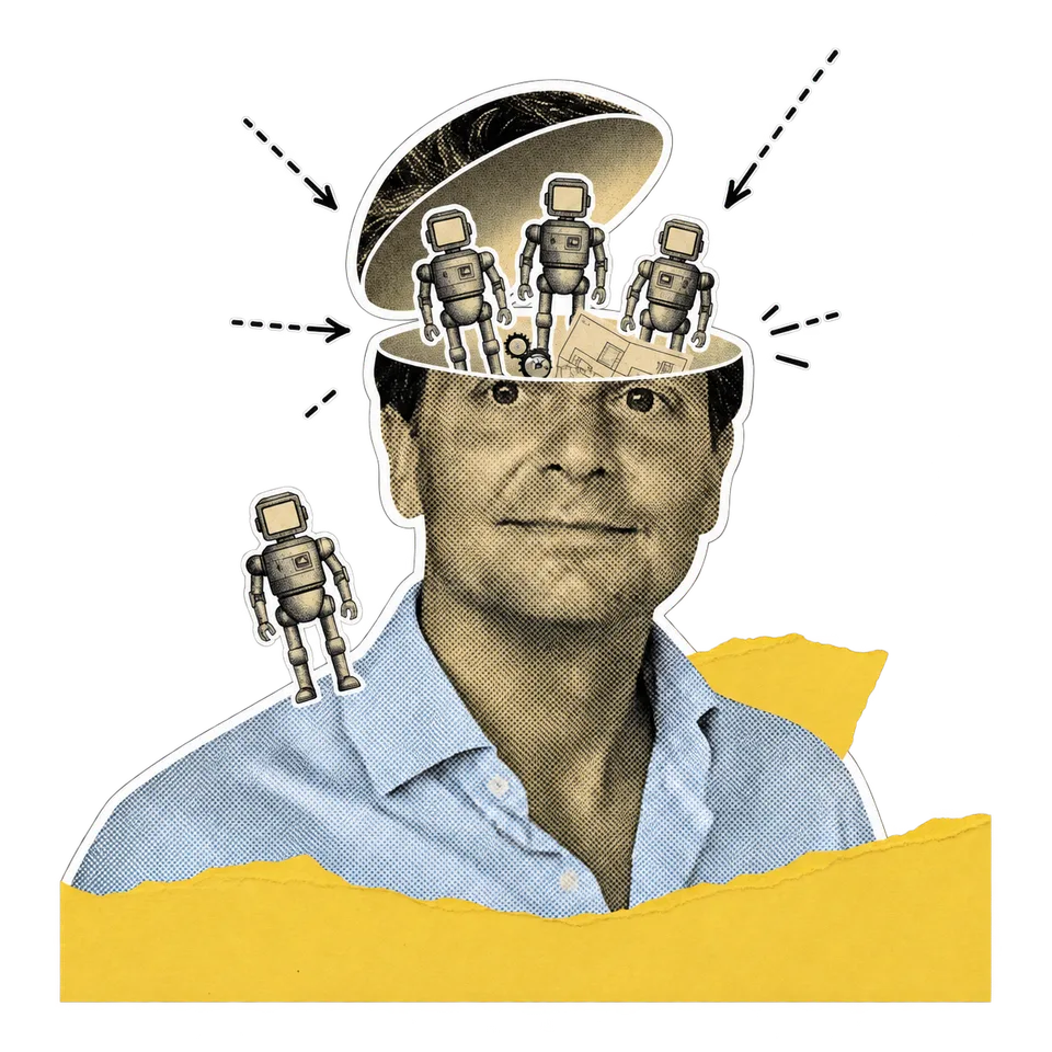Eelco Wynia als collage, met een open hoofd vol robots, tandwielen en ideeën.