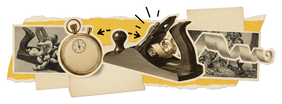 Een stophorloge en een schaaf met krul naast elkaar
