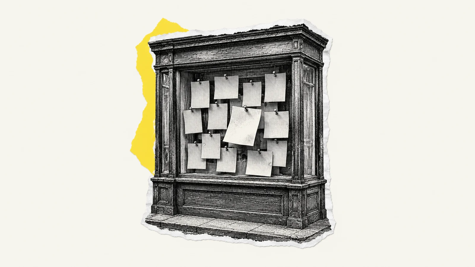 Een etalage opgebouwd uit losse papiertjes met punaises, waarvan er één van jou is.