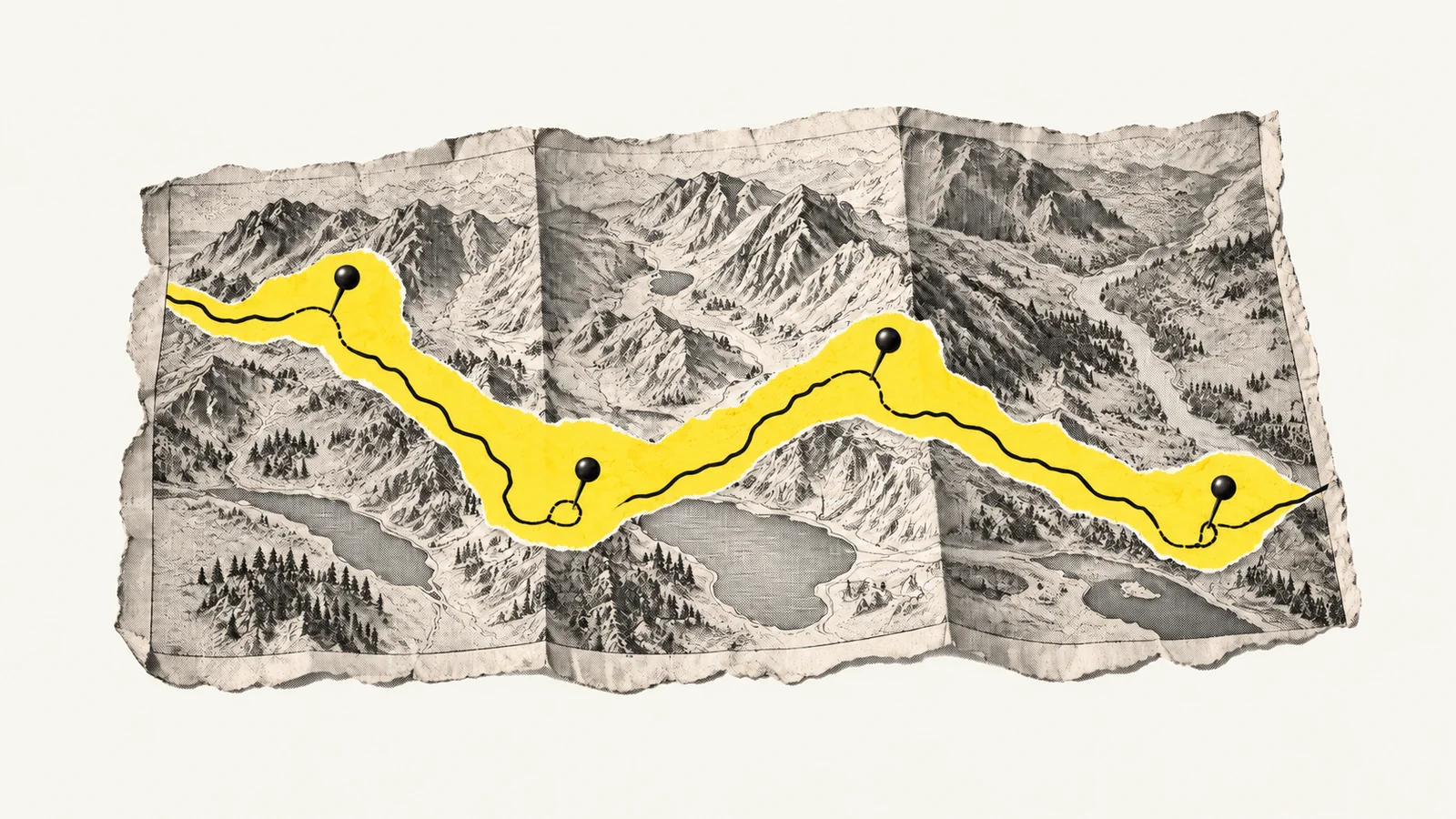 Een wandelkaart met één route die op vier plekken net iets afwijkt, gemarkeerd met punaises.