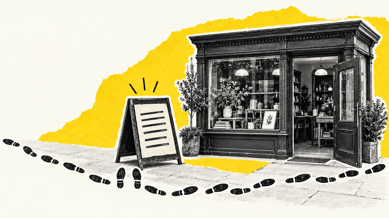 Een stoepbord voor een winkel waar voetstappen langs lopen zonder naar binnen te gaan: zichtbaar zonder bezoek.