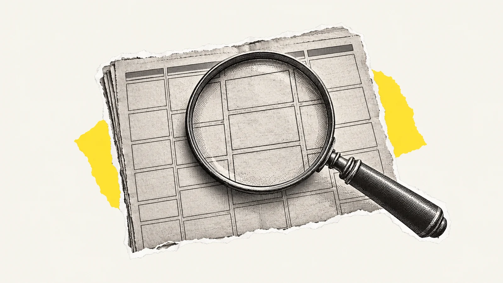 Een vergrootglas boven een krantenpagina met personeelsadvertenties: de vacature wordt uitgeplozen.