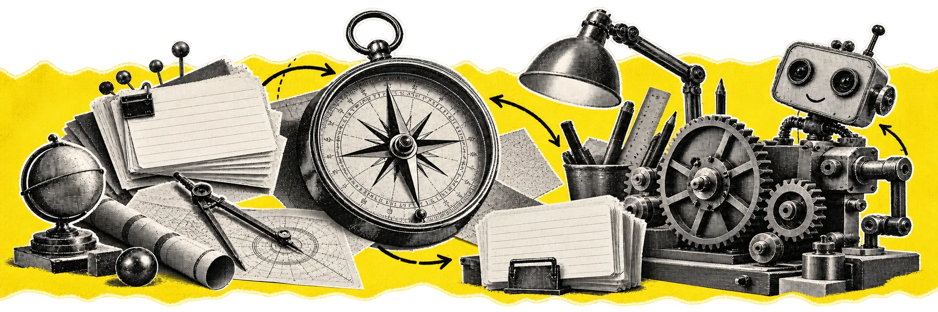 Werkbank met kompas, kenniskaarten en mechaniek: marketing, AI en techniek.