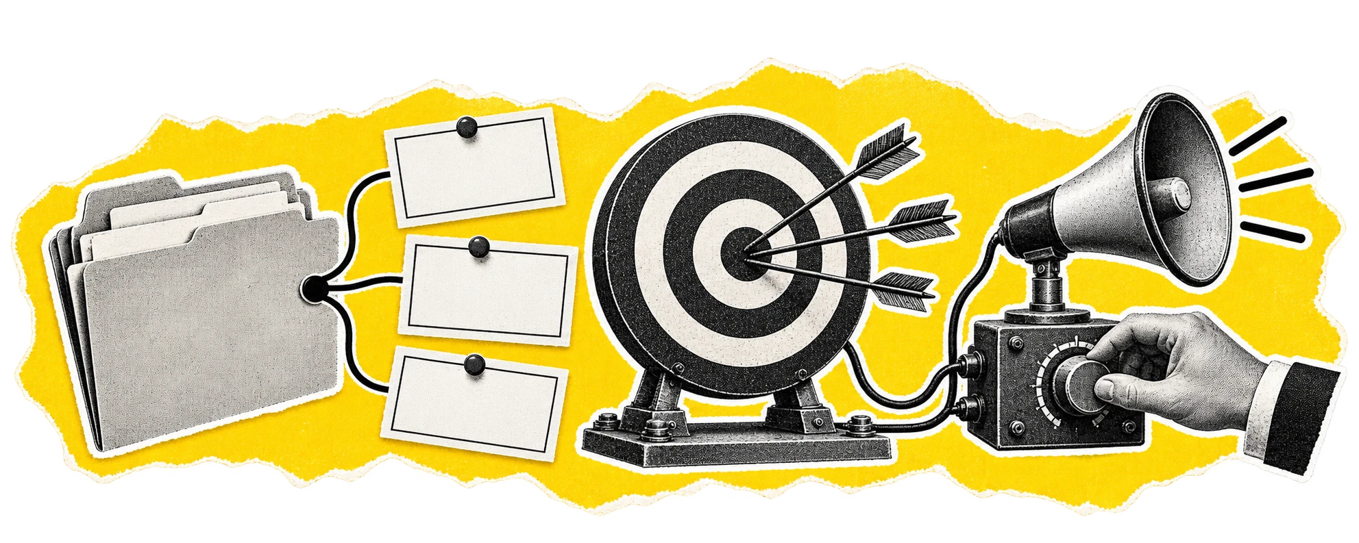 Campagnebureau met een doelwit, accountmap, campagnekaarten en bedieningsknop.