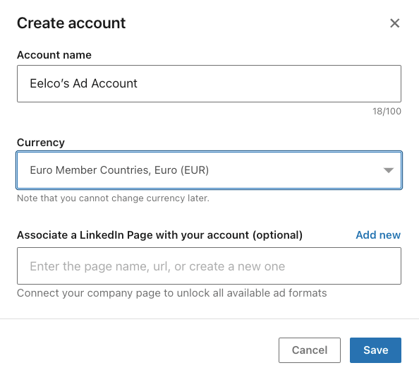 Formulier voor het aanmaken van een LinkedIn-advertentieaccount.