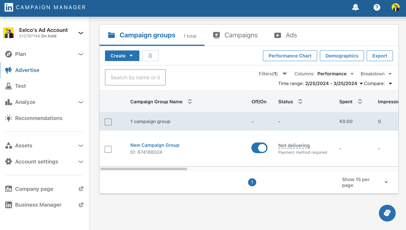 Dashboard van LinkedIn Campaign Manager met advertentieaccount en campagne-instellingen.