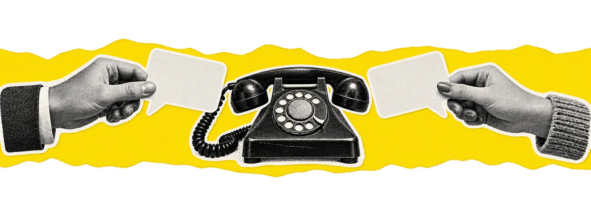 Een vintage telefoon en handen met gesprekskaarten.