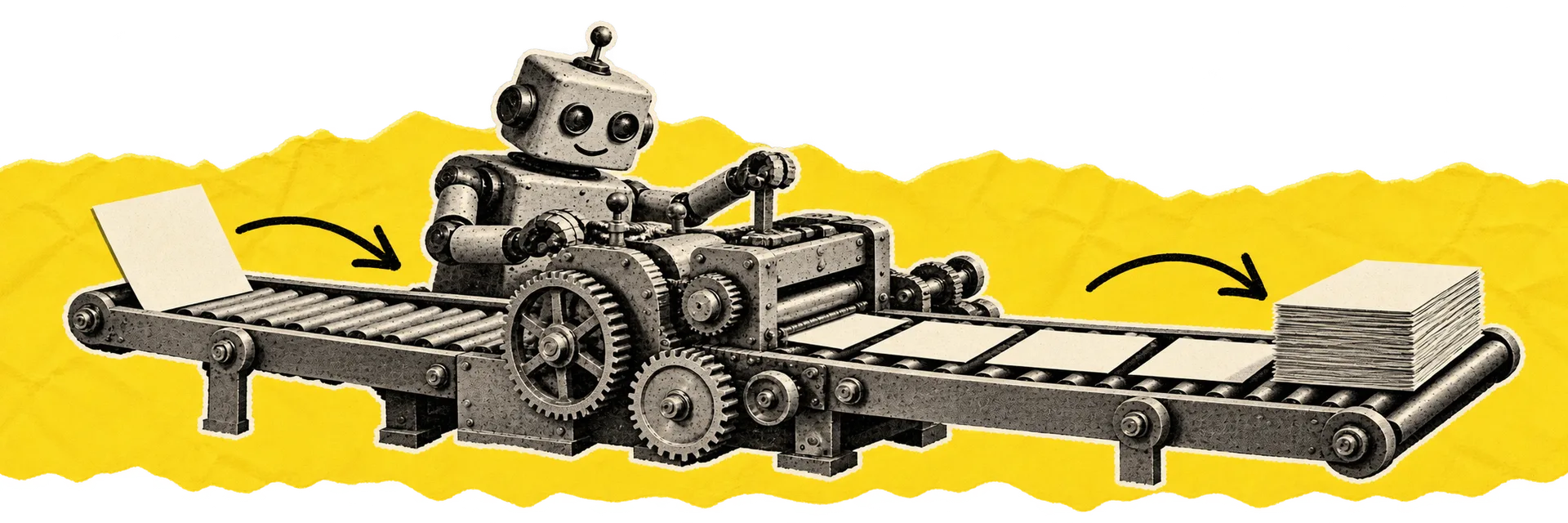 Een robot bedient een transportband die invoerkaarten verwerkt tot uitvoer.