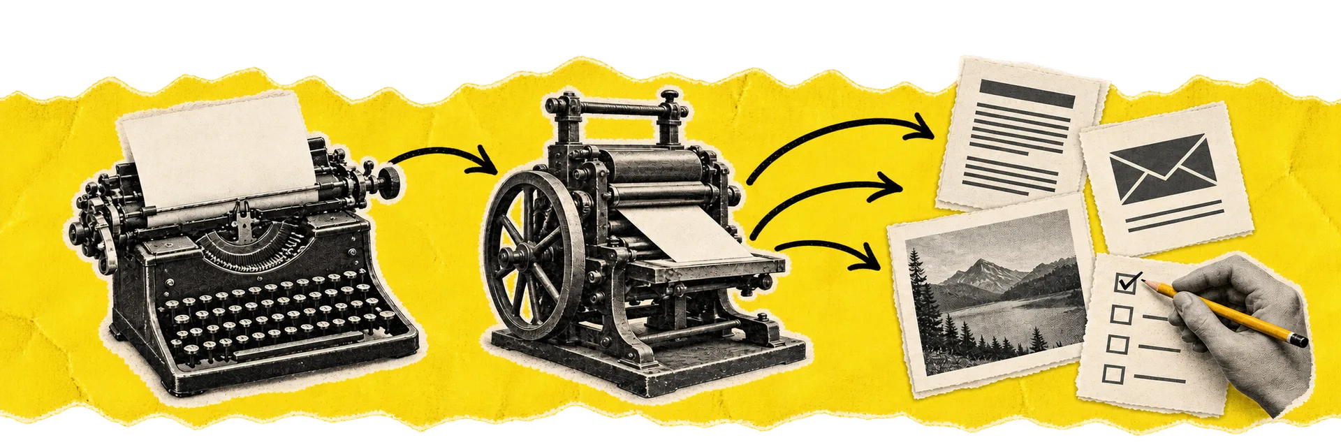 Een typemachine en drukpers verbinden productie met redactie en verschillende contentvormen.