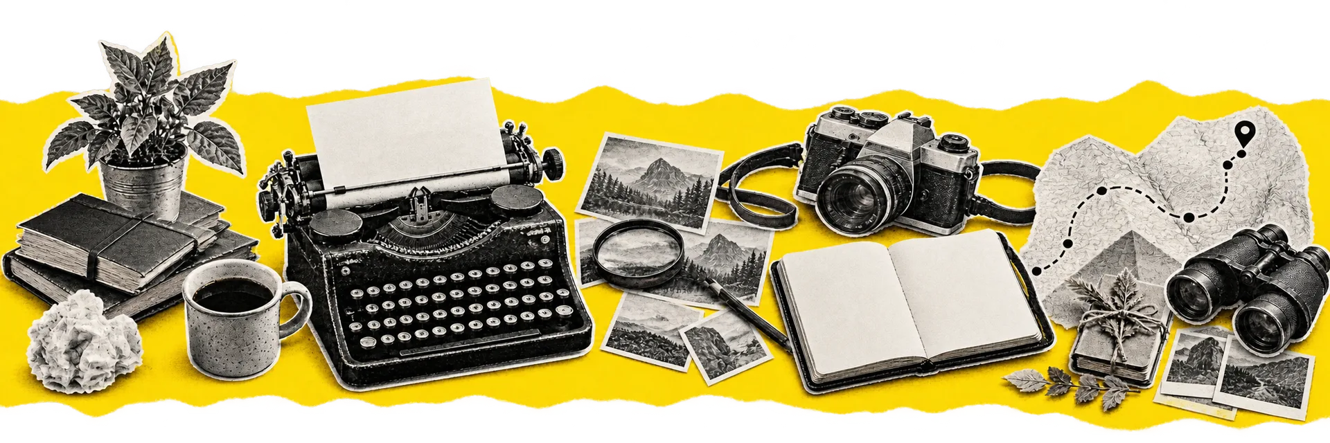 Een werkbank met typemachine, camera, notities en route als beeld voor ervaring en maken.